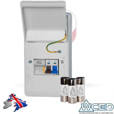 Industrial 100A metal switch fuse unit with door open showing internal fuse carriers